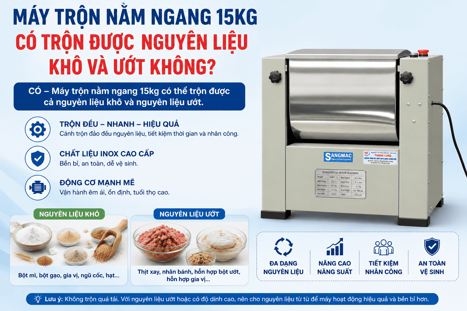 Máy Trộn Nằm Ngang 15kg Có Trộn Được Nguyên Liệu Khô Và Ướt Không?